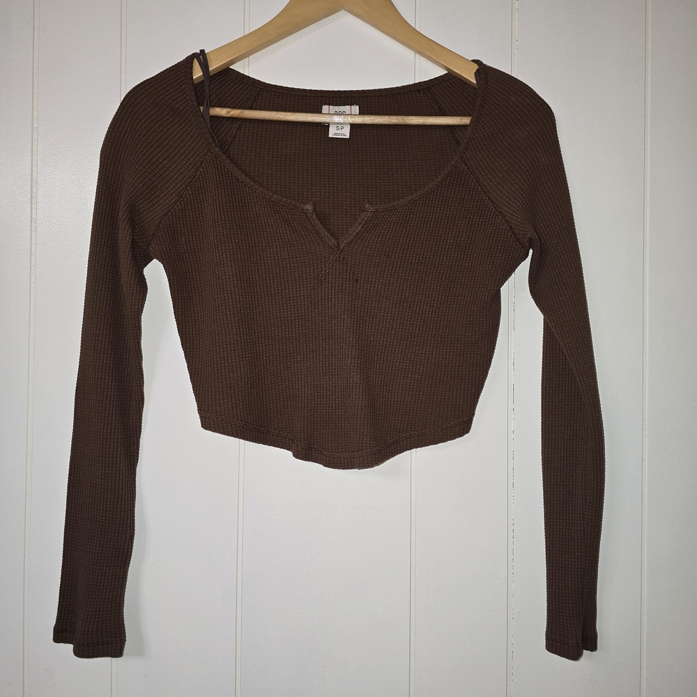 BDG Brown Waffle-Knit Cropped Long Sleeve Top